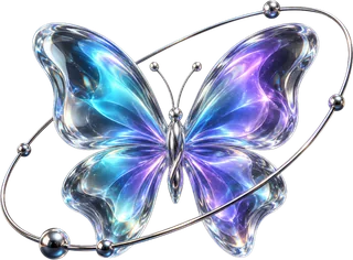 Holographic blue and violet glass butterfly with a silver orbit